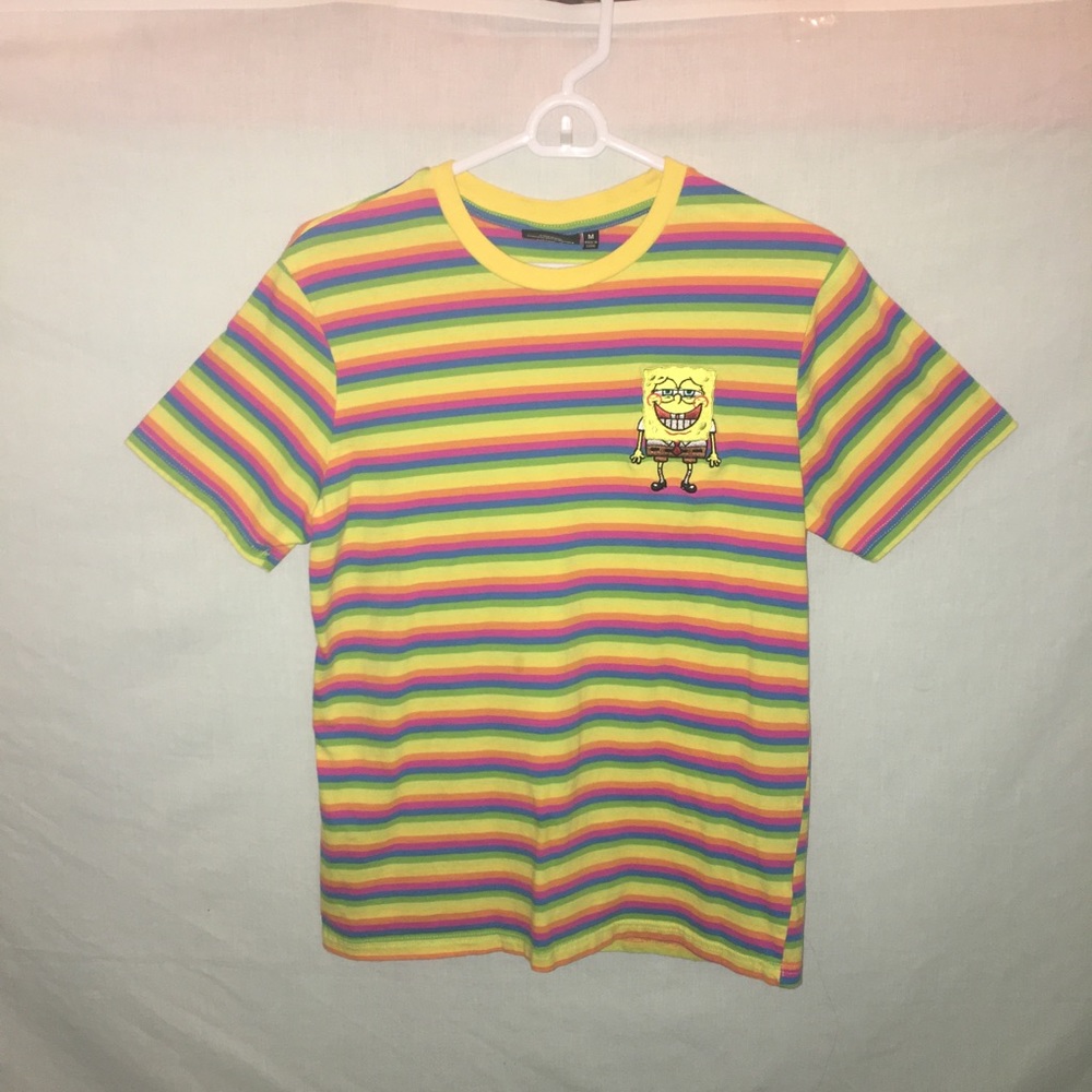 Spongebob Nickelodeon Rainbow Neon Yellow Blue Purple Green Orange Striped Shirt